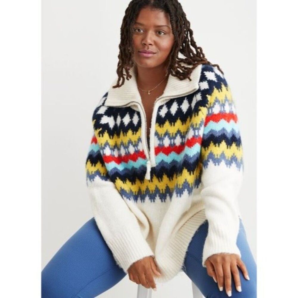AERIE Quarter Zip Sweater Fair Isle Cozy Soft Thick Chunky Nordic Size Medium